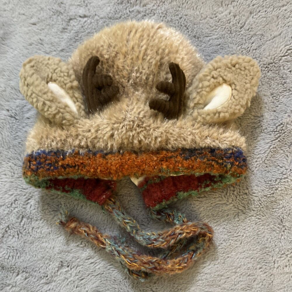 Viral Plush Reindeer Antler Beanie Christmas Knit Trapper Hat Multi Color Trim
